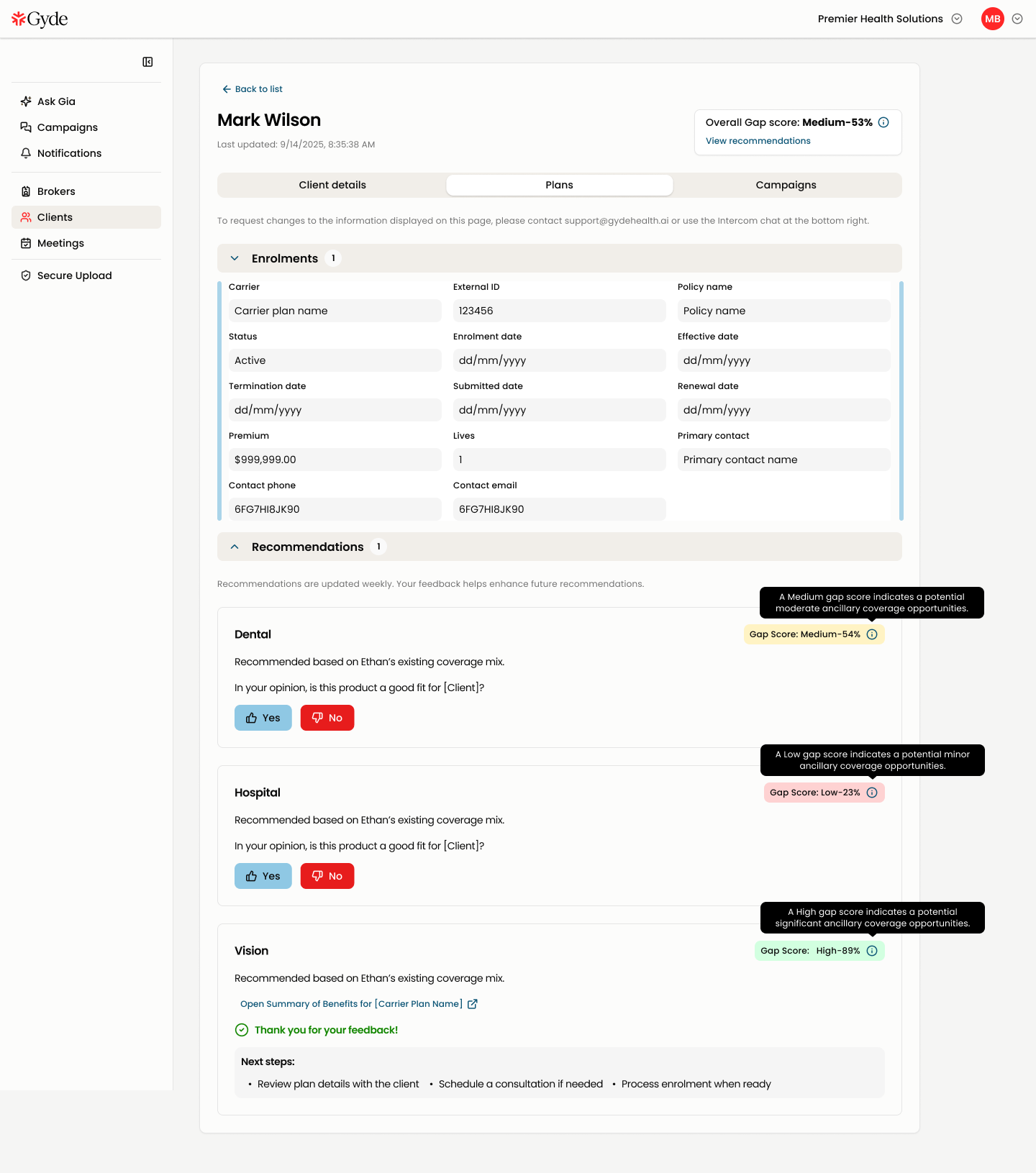 Client plans — recommendations with gap scores