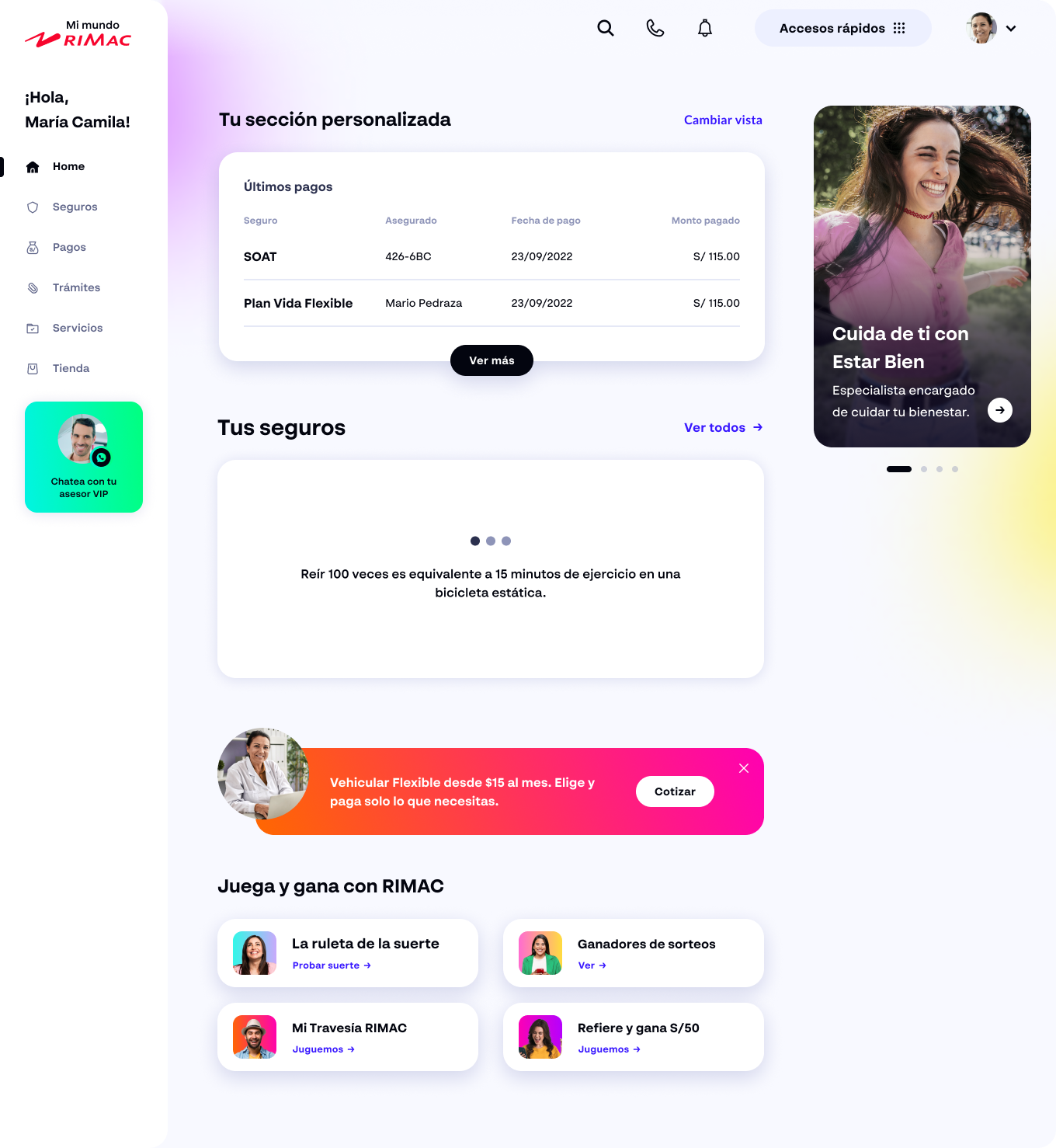 Web home — personalized section