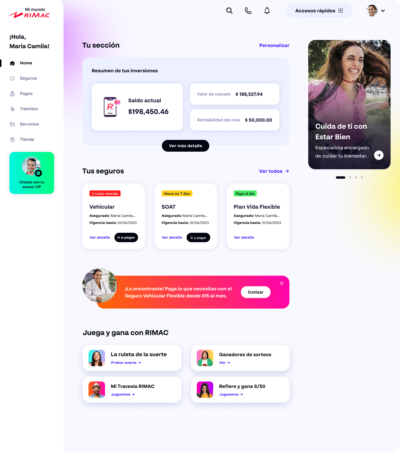 Desktop interface — Mi Mundo RIMAC