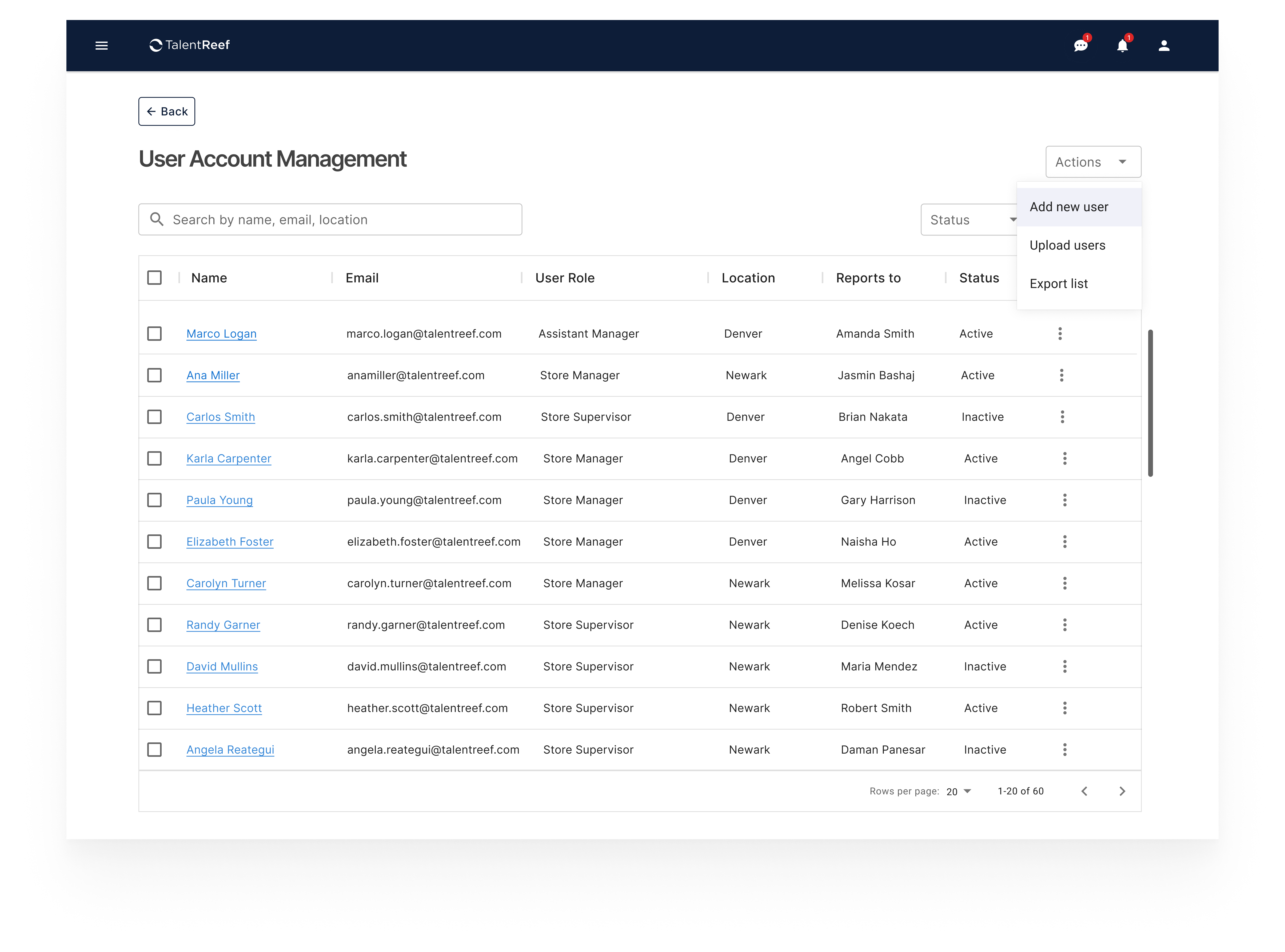 User Account Management — actions menu