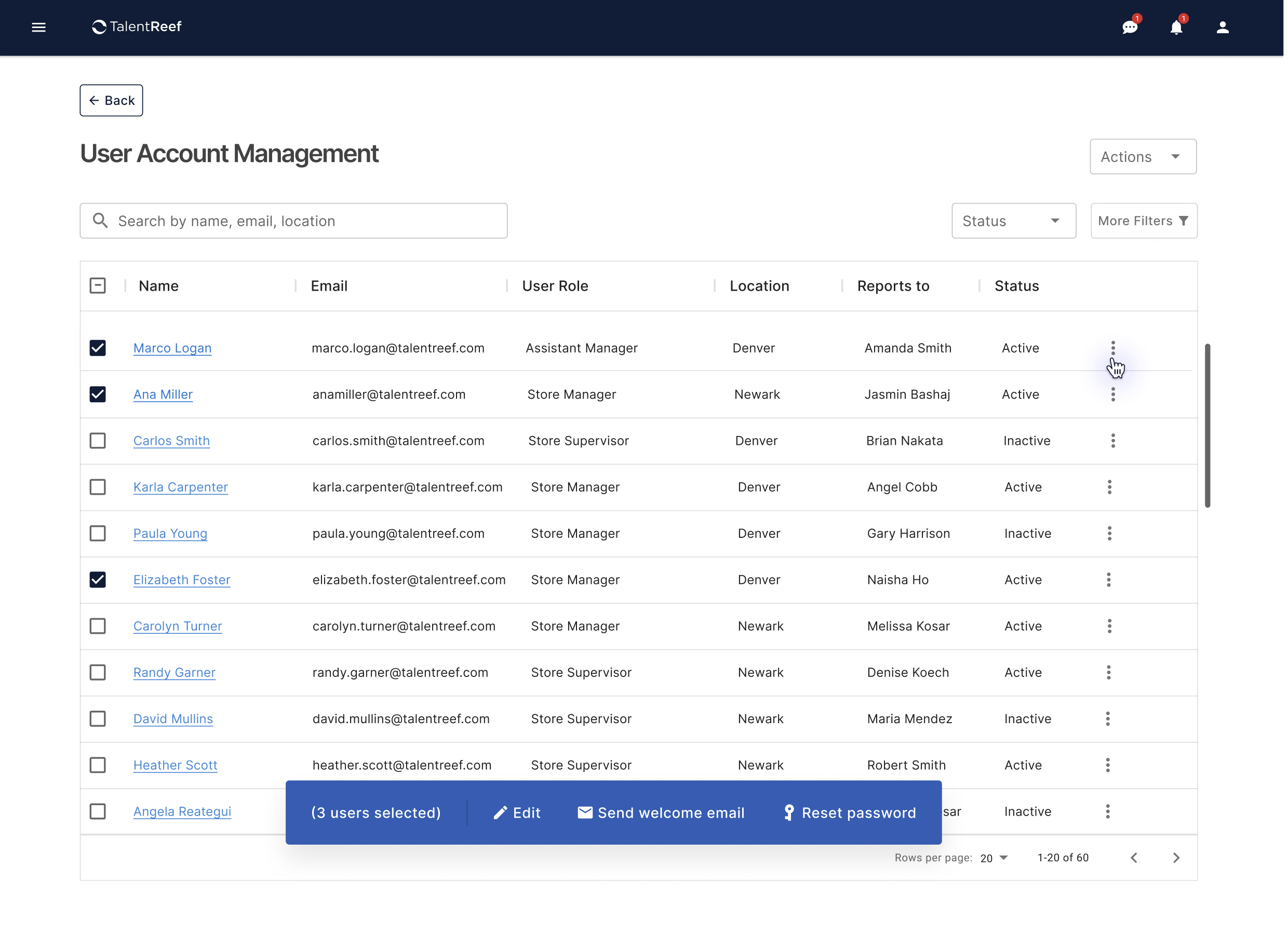Bulk actions — edit, send welcome email, reset password for multiple users at once