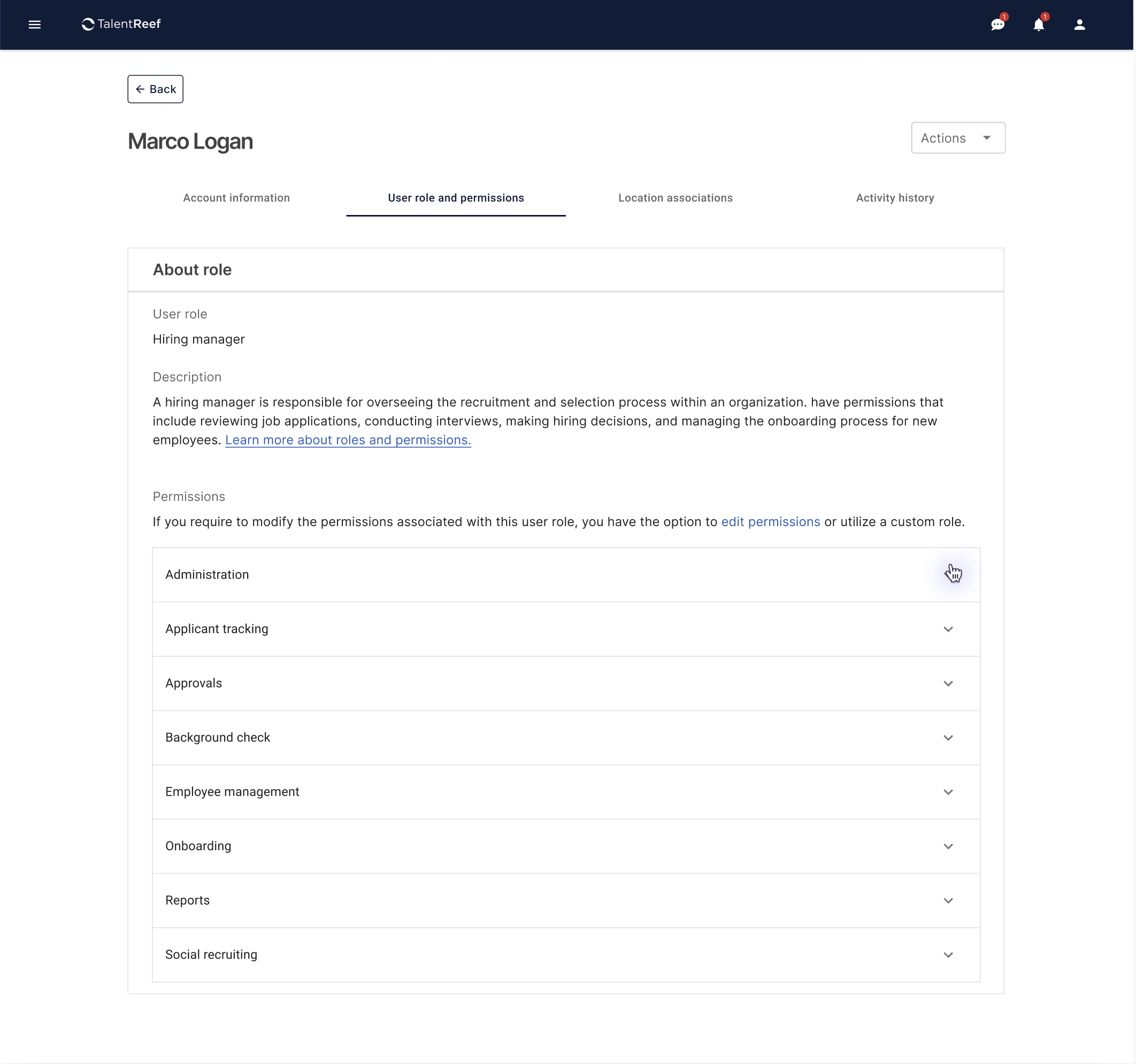 Simplified permissions view — role, description, and collapsible permission groups
