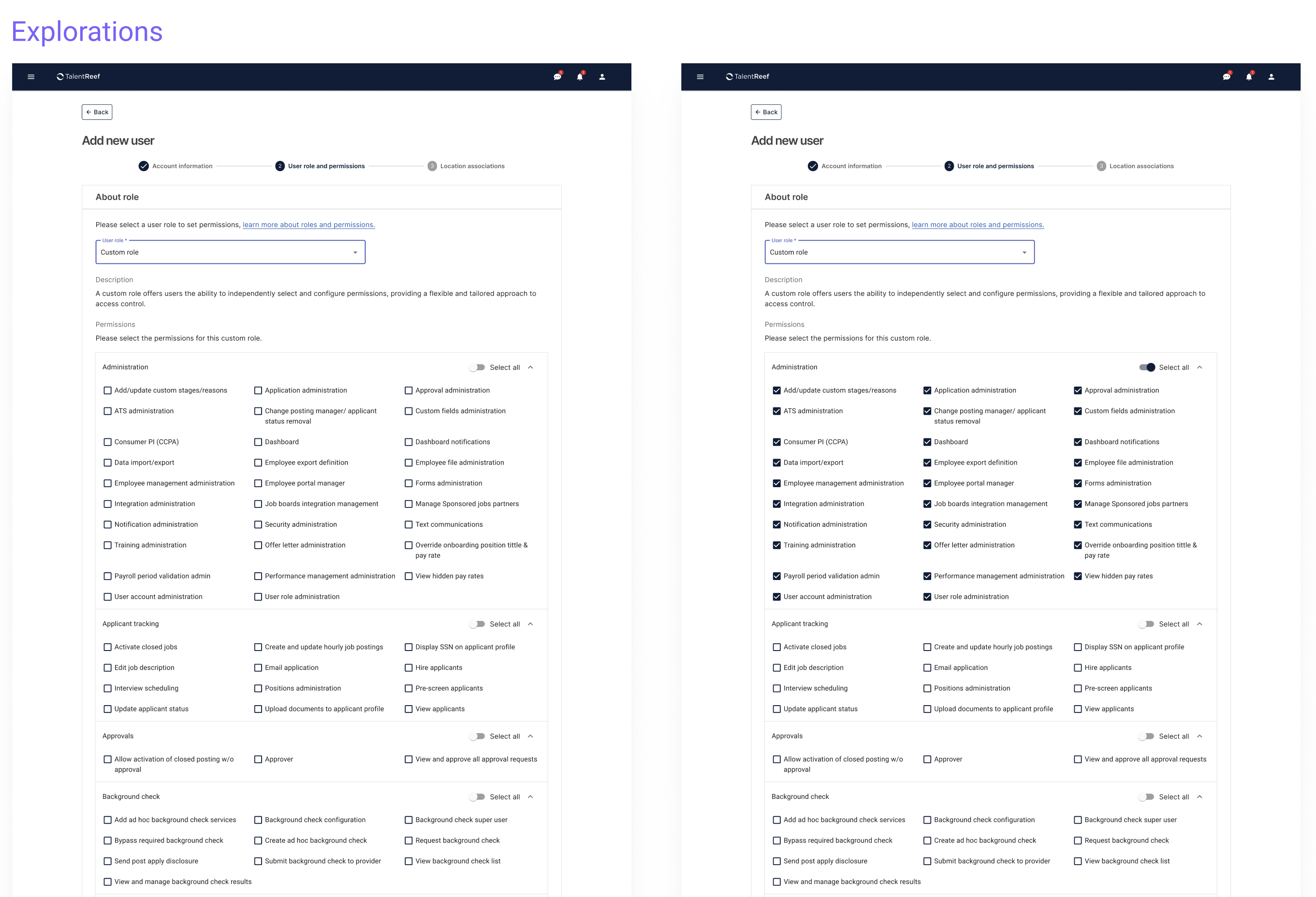 Permissions exploration — full checklist with all permissions selected for large orgs